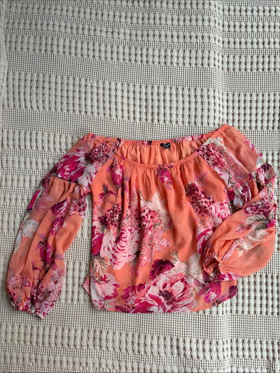 Express Tops - Express Coral Floral Flowy Off-Shoulder Blouse Medium